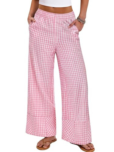 ANRABESS Womens Gingham Striped Boxer Pants Pajama Lounge PJ Bottoms Plaid Wide Leg Casual Cute Fall Trousers with Pockets Pink White Plaid Large | Amazon (US)