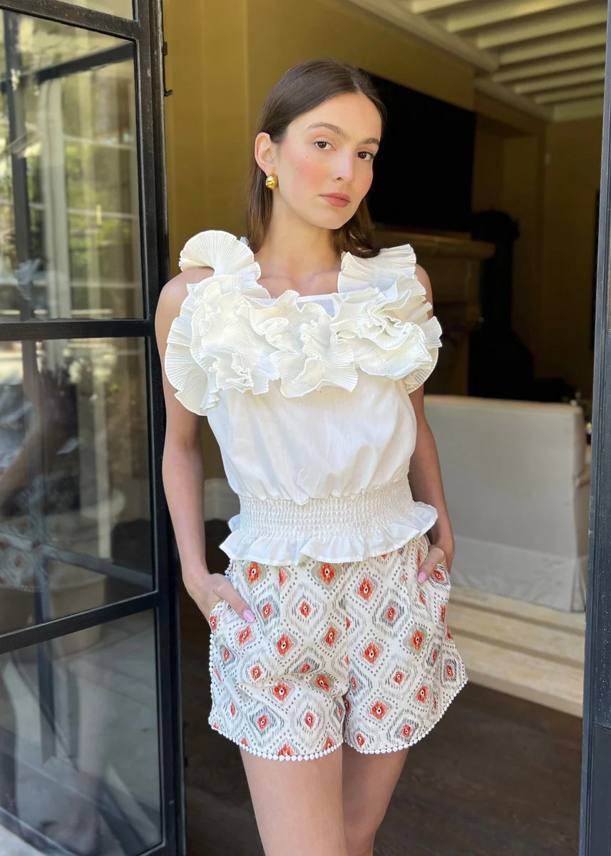 Penelope Mid-Rise Peach and Grey Ikat Patterned Cotton Shorts | Benaar La