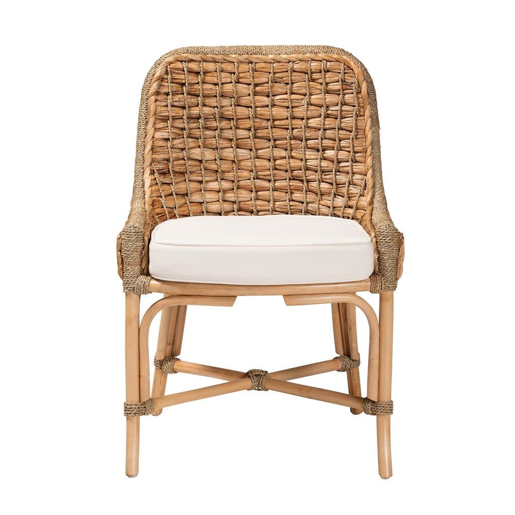 Kyle Woven Rattan Dining Side Chair With Cushion In Natural Brown and White | 1stopbedrooms