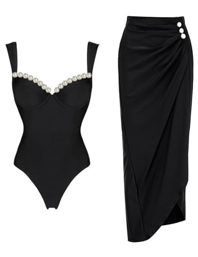 FLAXMAKER Black Double Shoulder Straps Chest Pearl One Piece Swimsuit and Skirt (US, Alpha, Small, Regular, Regular, Swimsuit and Skirt) | Amazon (US)