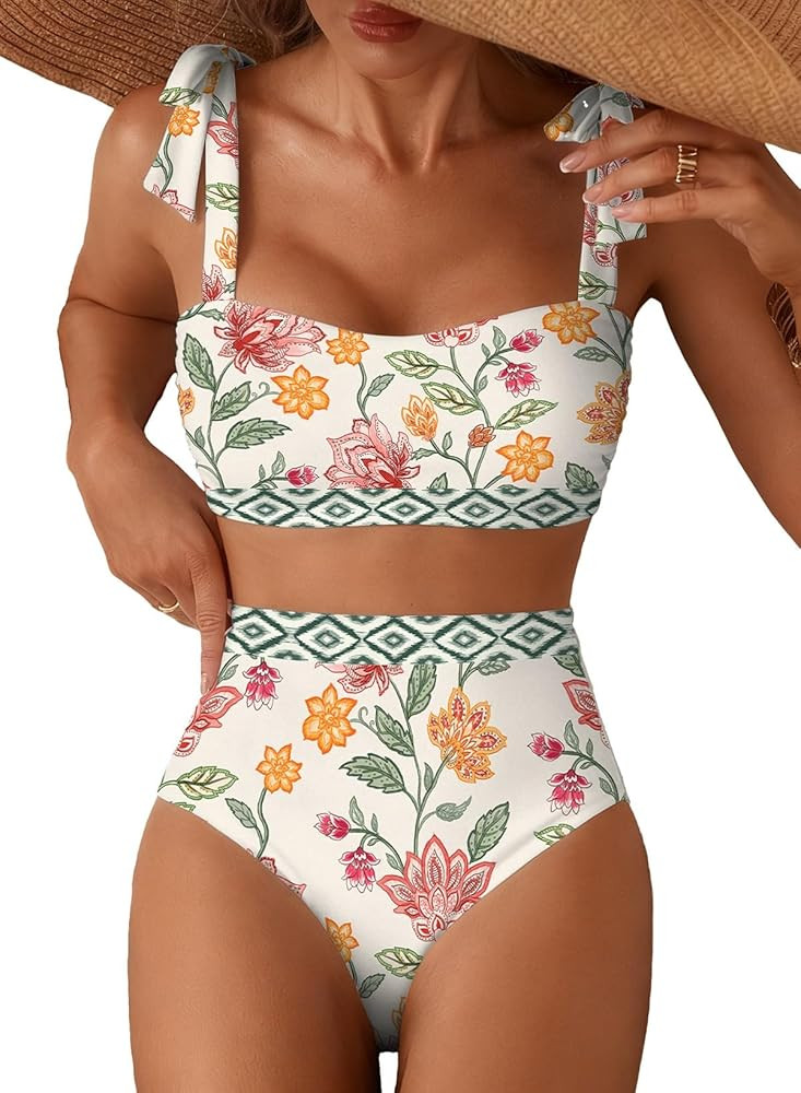 Herseas Women's Tie Shoulder Bikini Sets 2 Piece Striped Swimsuits High Waisted Bathing Suits | Amazon (US)