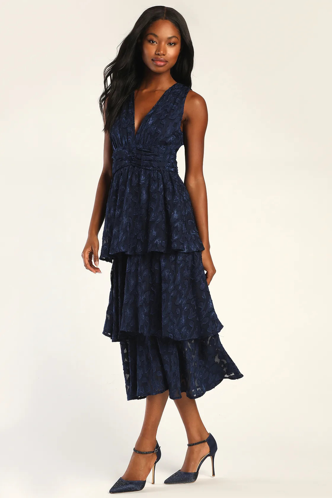 Make It Mesmerizing Navy Blue Jacquard Tiered Midi Dress | Lulus
