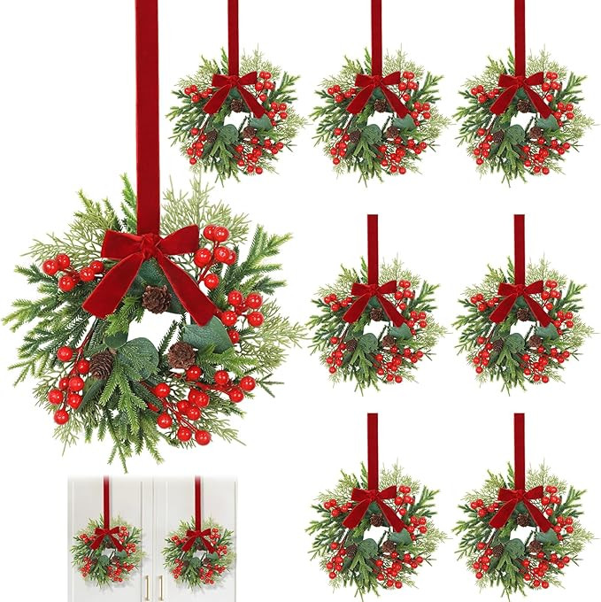 8 Pcs 11" Small Christmas Wreaths for Windows Kitchen Cabinets, Mini Christmas Wreath with Cedar ... | Amazon (US)