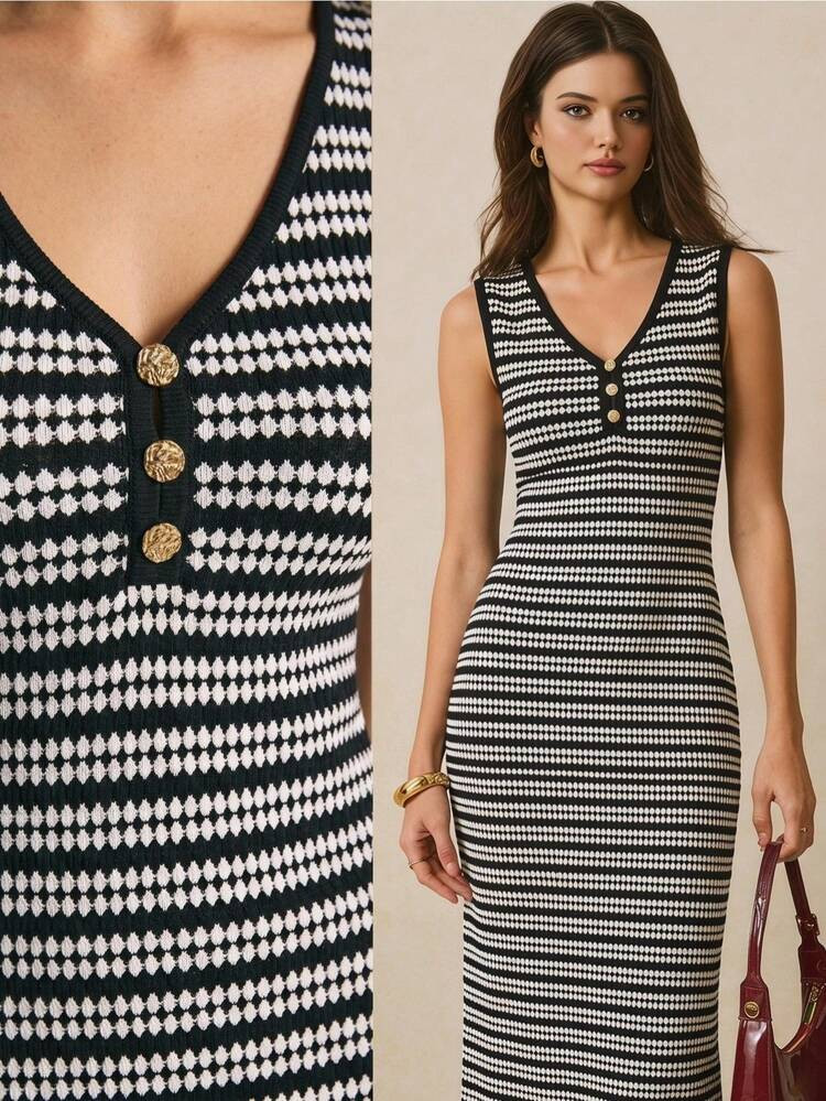 Po\u00e9selle Women's V-Neck Black And White Elegant Waist Cinched Long Dress Casual Work Office ... | SHEIN