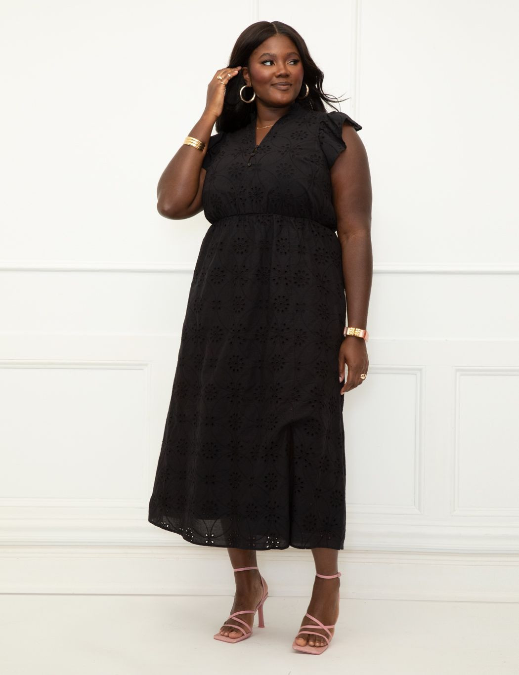 ELOQUII Elements Maxi Eyelet Dress With Slit | Eloquii