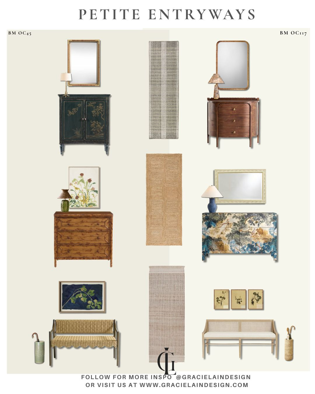 A small entryway can make a big statement. ✨
Mix art, lighting, seating, and smart storage to create a welcoming first impression that reflects your style. Layer in texture, pattern, and color—nothing is off limits. Whether you love a light and airy aesthetic or prefer a dark and moody vibe, your entry should tell your story from the moment the door opens.
Choose your mood. Curate your space. Make every square foot count.
For more design inspiration and personalized interiors, visit gracielaindesign.com.
#EntrywayDesign #SmallSpaceStyle #InteriorDesign #FoyerInspo #HomeDecorIdeas #EntrywayDecor #DesignDetails #LayeredInteriors #ModernHome #TraditionalHome #MoodyInteriors #LightAndAiry #HomeStyling #InteriorInspiration #GracielainDesign #LTKHome #LTKStyle #LTKFinds 

 #LTKHome #LTKSaleAlert