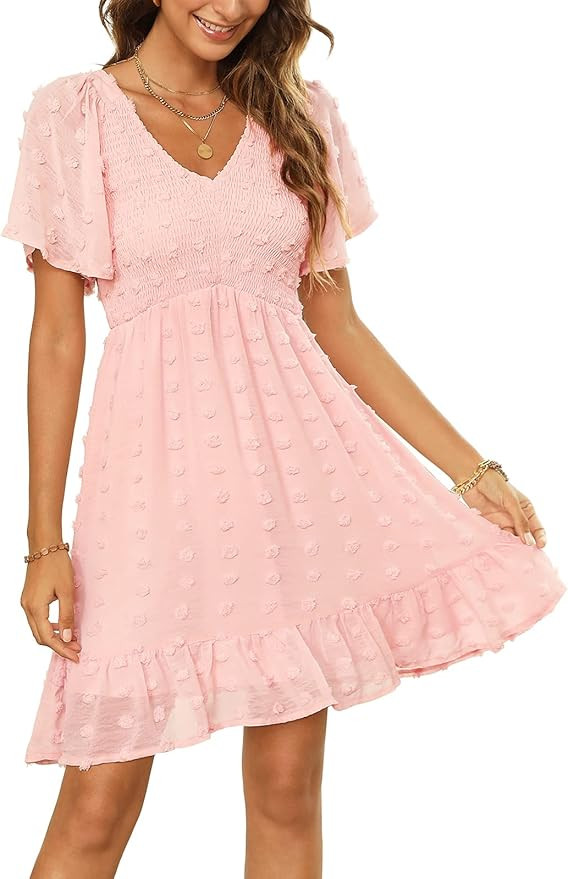 Zattcas Womens Smocked Long/Flutter Sleeve V Neck Ruffle Mini Swiss Dot Babydoll Dress | Amazon (US)