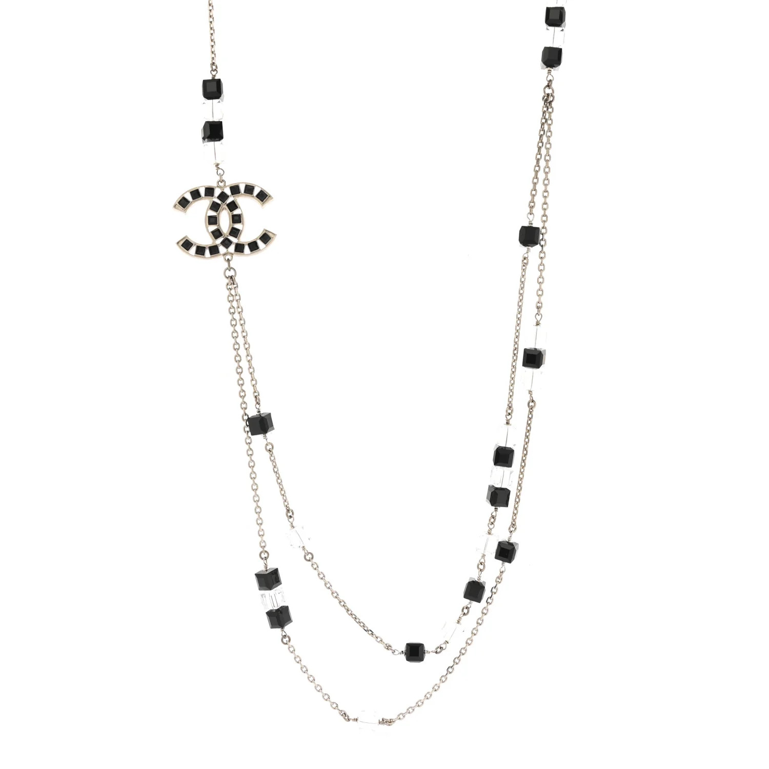 Crystal Bead CC Long Necklace Silver Black Transparent | FASHIONPHILE (US)