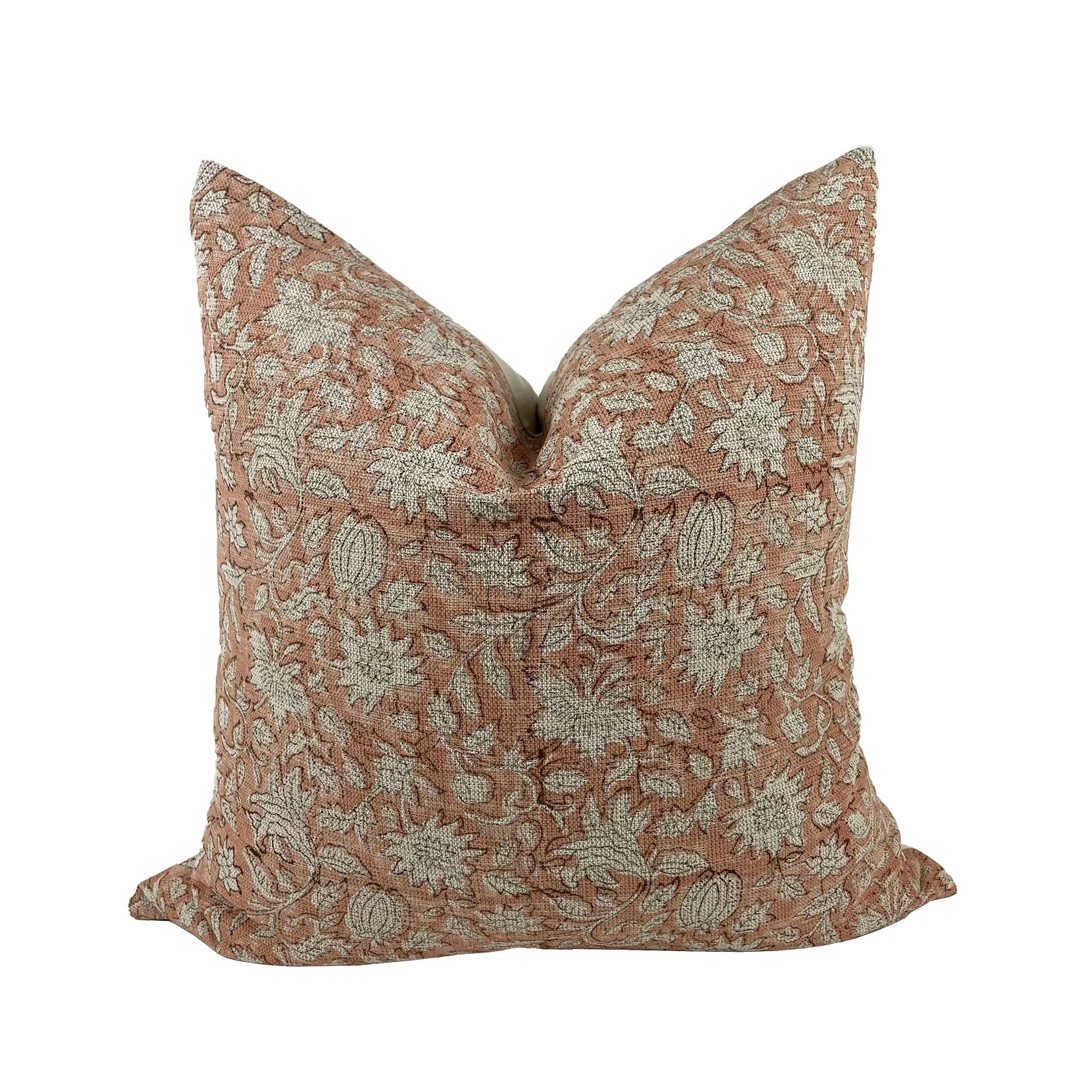 Blush Linen Block Print Pillow Cover, Hand Block Print on Textured Linen Pillow, Floral Pillow - ... | Etsy (US)