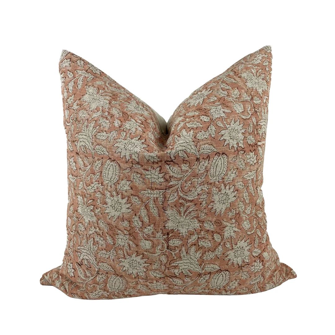 Blush Linen Block Print Pillow Cover, Hand Block Print on Textured Linen Pillow, Floral Pillow - ... | Etsy (US)