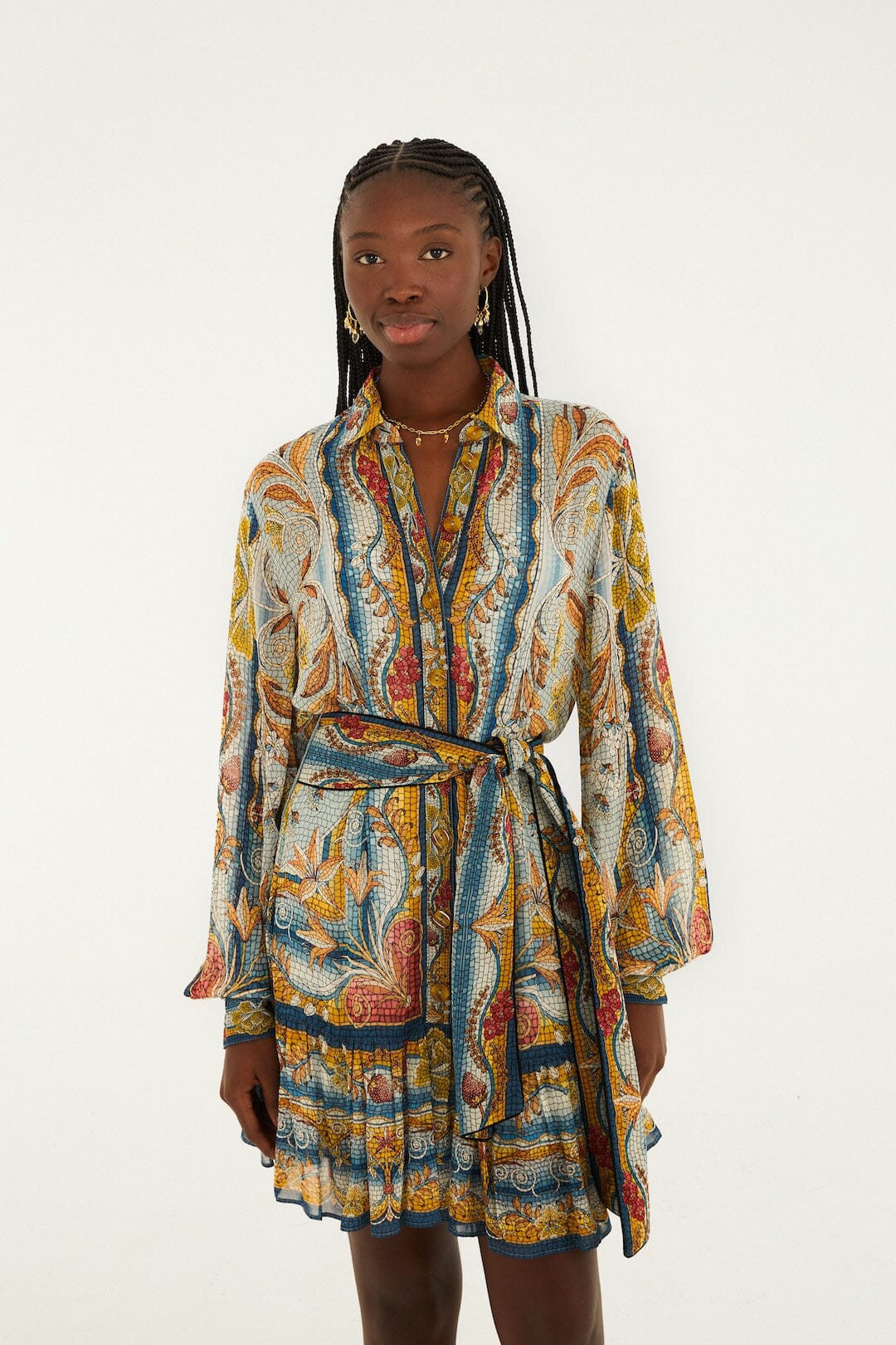 Blue Mosaic Garden Belted Mini Dress | FARM Rio | FarmRio (US)