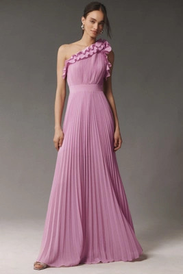 Dress The Population Vida One-Shoulder Pleated Chiffon Maxi Dress | Anthropologie (US)