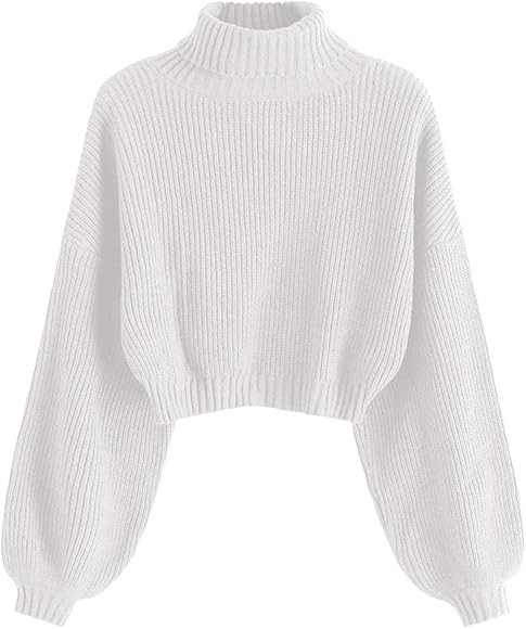 ZAFUL Women's Turtleneck Drop Shoulder Ribbed Knit Plain Pullover Scalloped Hem Crop Sweater Jump... | Amazon (US)