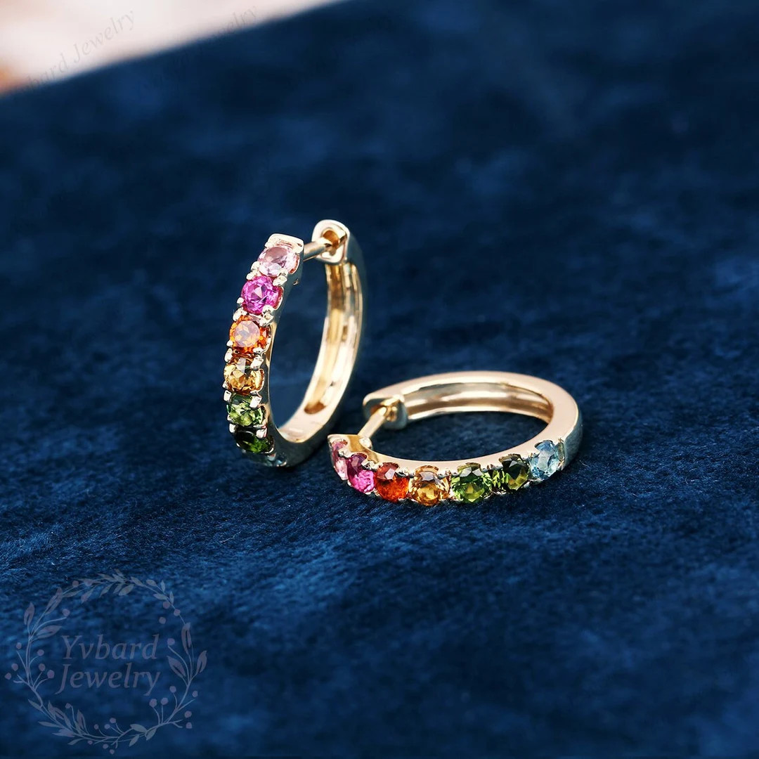 Natural Tourmaline Hoop Earrings, Solid Yellow Gold Earrings Colored Multi Gemstone Earrings Birt... | Etsy (US)