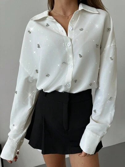 Aloruh New Rhinestone Decor Convertible Collar Cardigan Shirt, Suitable For Vacation, Date, Commu... | SHEIN