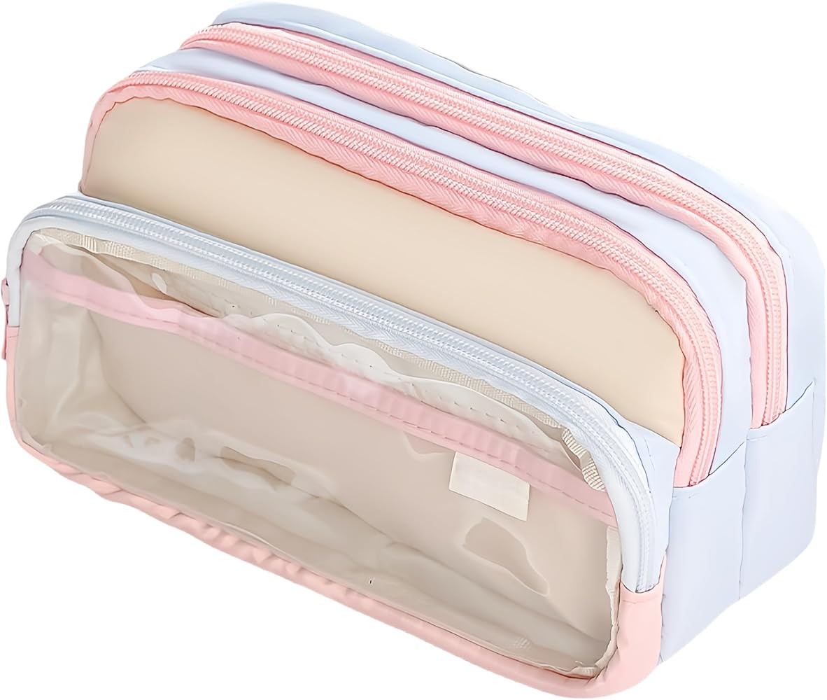 4-Layer Transparent Large Capacity Pencil Case - Ins Aesthetic Japanese Style Makeup & Supplies Organizer Pouch (Pink) | Amazon (US)