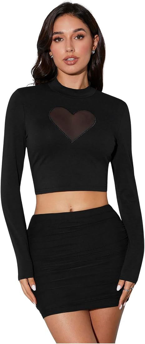 OYOANGLE Women's Heart Mesh Mock Neck Long Sleeve Crop Tee Top Club Wear | Amazon (US)