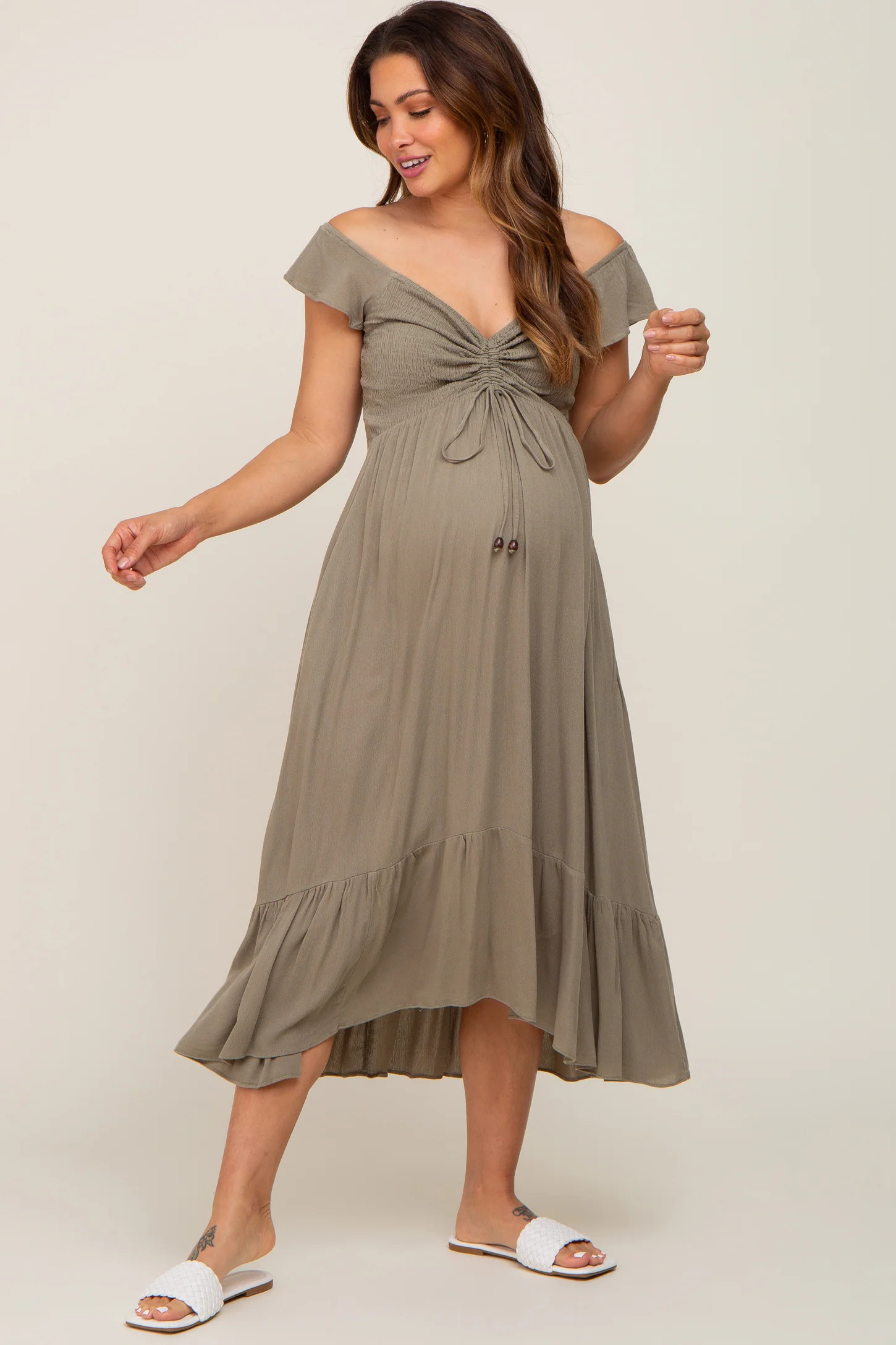 Olive Smocked Ruched Ruffle Hem Maternity Maxi Dress | PinkBlush Maternity