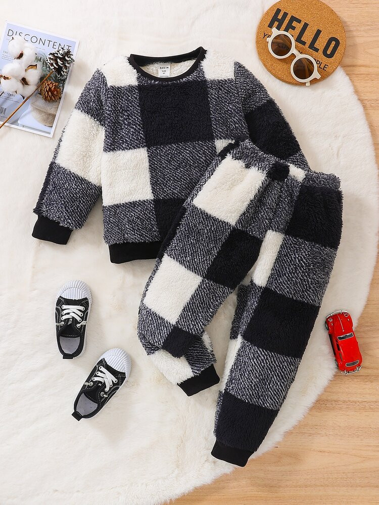 Toddler Boys Buffalo Plaid Pattern Teddy Pullover & Pants | SHEIN