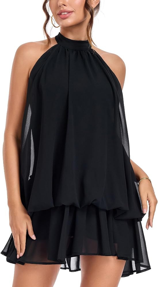Summer Y2k Party Halter Mini Dress for Women Chiffon Bubble Flowy | Amazon (US)