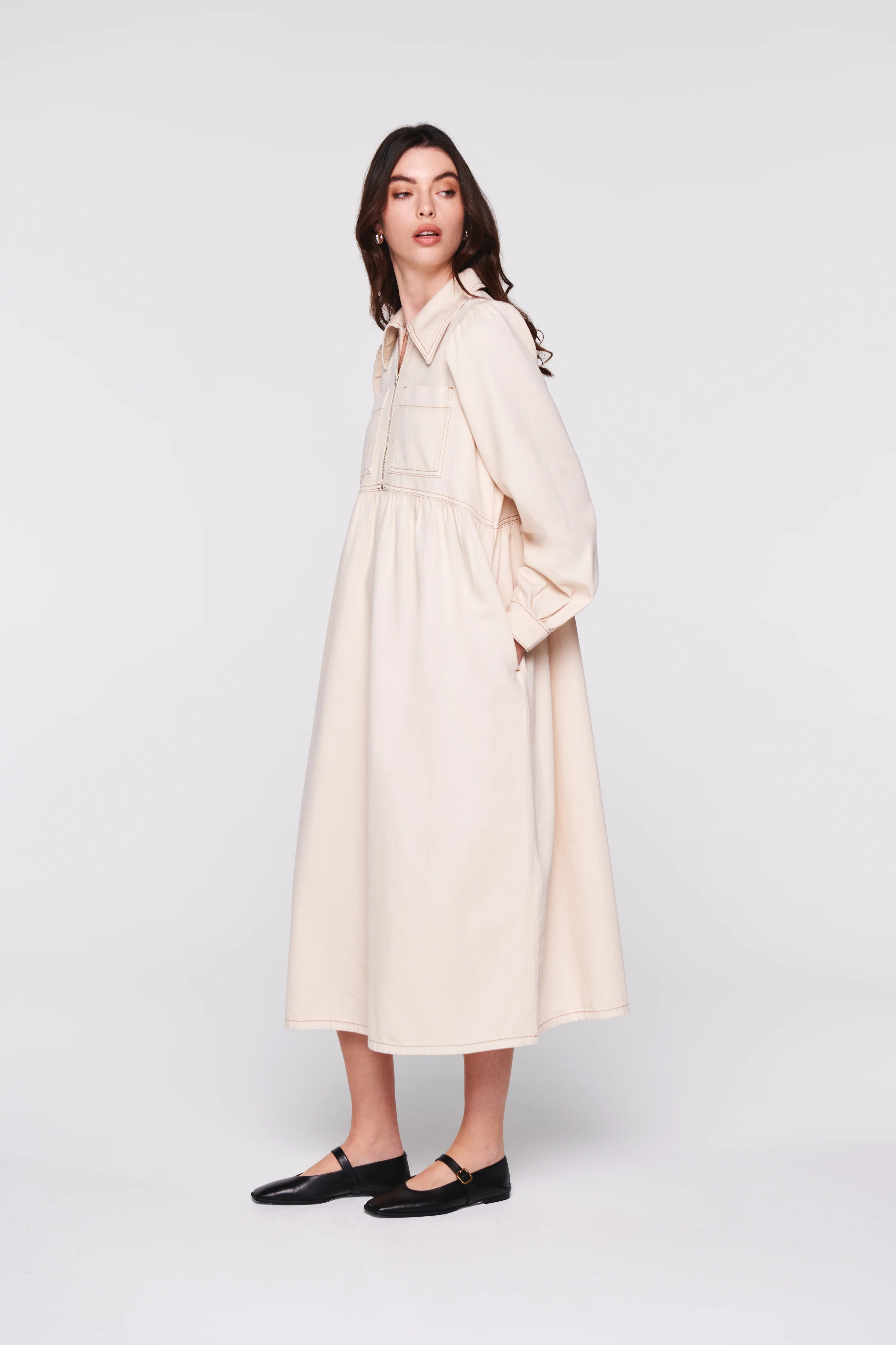 Gabriella | Midi Denim Dress in Ecru | ALIGNE | ALIGNE UK & EU