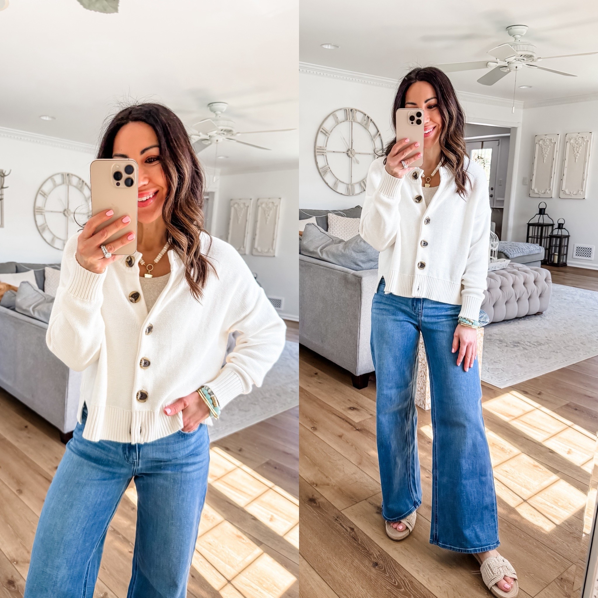 Wide leg Jeans 25 (28 inseam). Cardigan small. @onequince #QuincePartner @Quince 

#LTKOver40 #LTKPetite