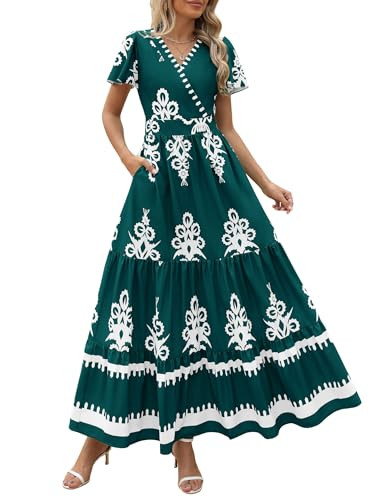 PRETTYGARDEN Womens 2025 Summer Casual V Neck Boho Maxi Dress Flowy Aline Bell Sleeve Tiered Floral Dresses with Pocket | Amazon (US)