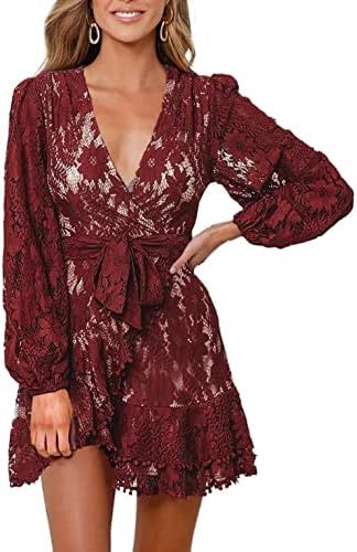 FARYSAYS Womens Long Sleeve Lace Wrap Mini Dresses Spring Flowy V Neck Ruffle Cocktail Party Boho... | Amazon (US)