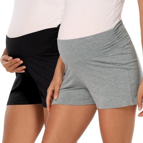 fitglam Women's Maternity Shorts Lounge Sleep Pajama Workout Comfy Stretchy Pregnancy Shorts(Black/Heather Grey, Medium) | Amazon (US)