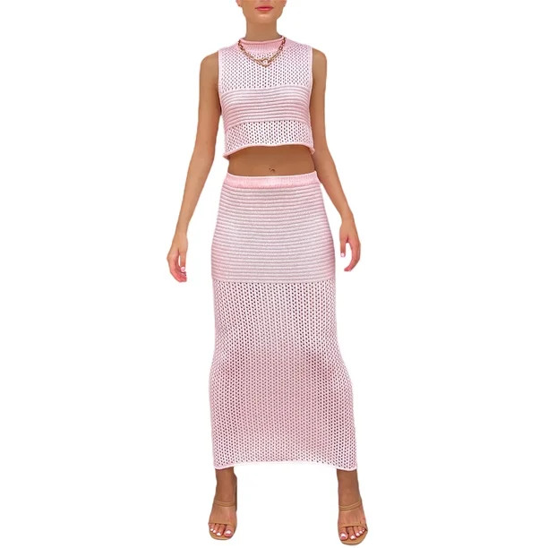 Coduop Womens Two Piece Outfit Crochet Knit Sleeveless Crop Tops Midi Skirt 2 Piece Beach Set | Walmart (US)