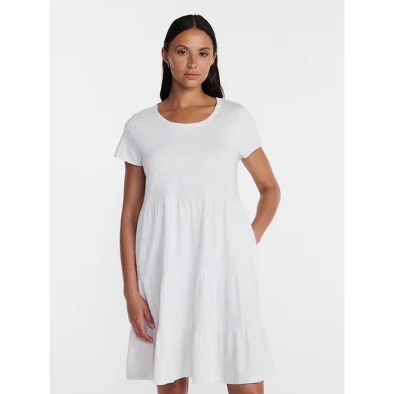 Time and Tru Women's Tiered Cotton Mini Dress with Short Sleeves, Sizes XS-XXXL | Walmart (US)
