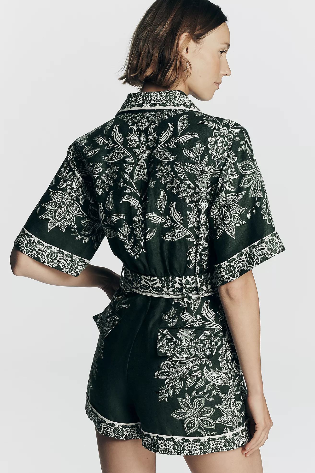 Farm Rio Miranda Short-Sleeve Belted Linen Romper | Anthropologie (US)