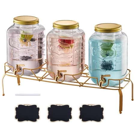 VEVOR Beverage Dispenser, 3 Pack 2 Gallon Drink Dispensers for Parties, Glass Juice Dispenser with Metal Stand, Stainless Steel Spigot, Infuser, Iced Tea Lemonade Juice Water Dispensers for Parties | Walmart (US)