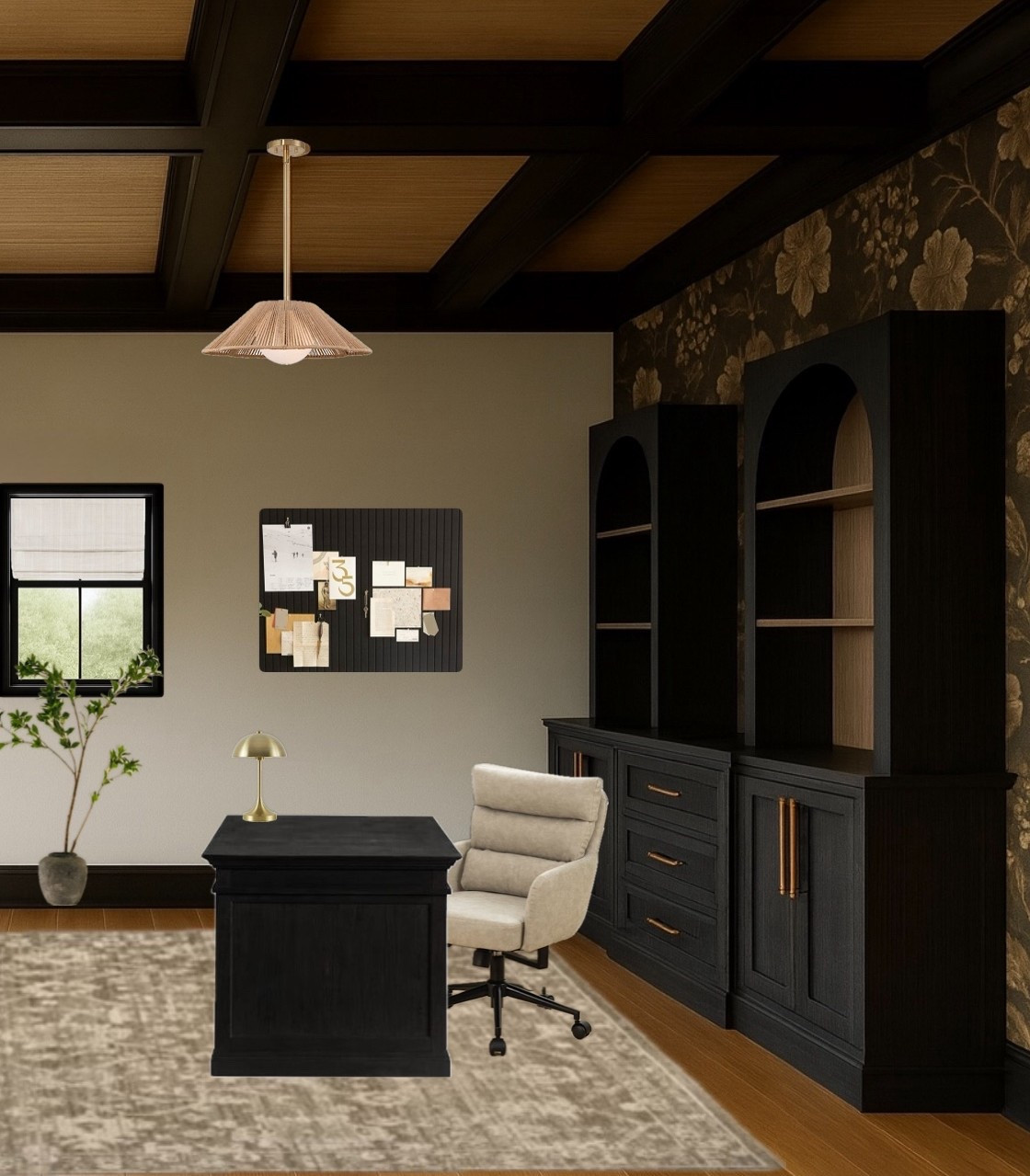 A moody, elevated office designed for focus and function. The bold floral wallpaper makes a statement while custom black built-ins add storage and display space. The executive desk includes filing cabinets for hidden organization, keeping the workspace polished and professional.

Design details:
	•	Moody floral wallpaper backdrop
	•	Custom built-in cabinetry with brass hardware
	•	Executive desk with integrated filing cabinets

Perfect for anyone who wants a home office that feels both inspiring and functional.