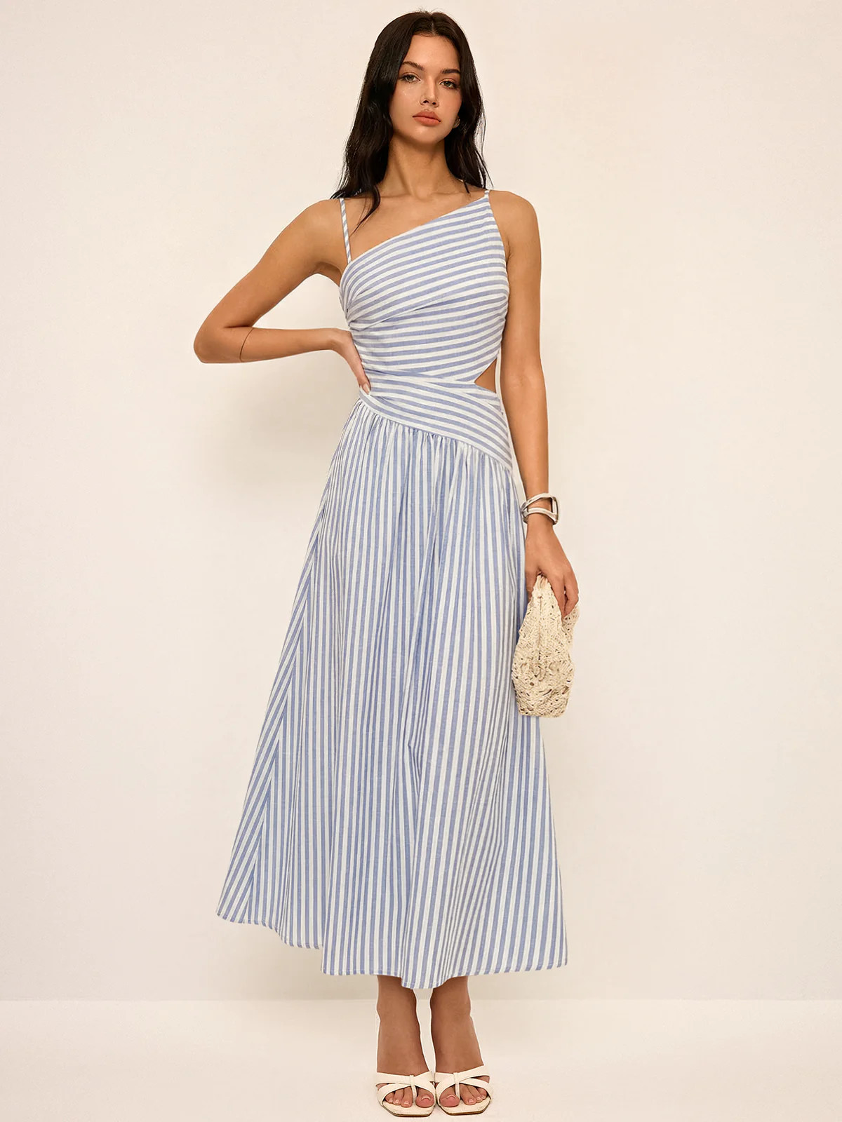 Striped Cut-Out Asymmetric Cami Maxi Dress | Commense