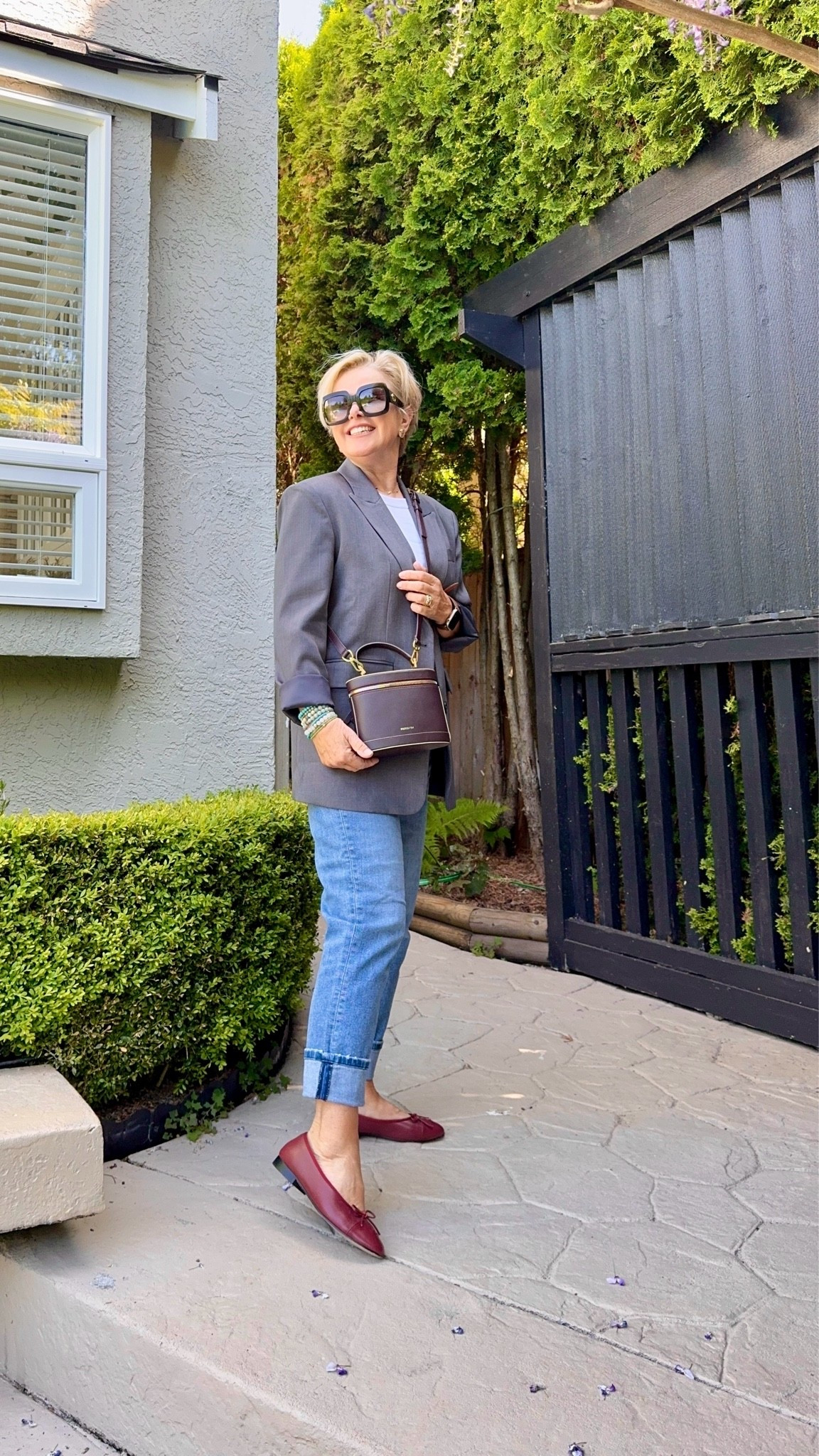 Grey blazer with jeans and burgundy bag and shoes.

#LTKmidsize #LTKshoes #LTKstyletip