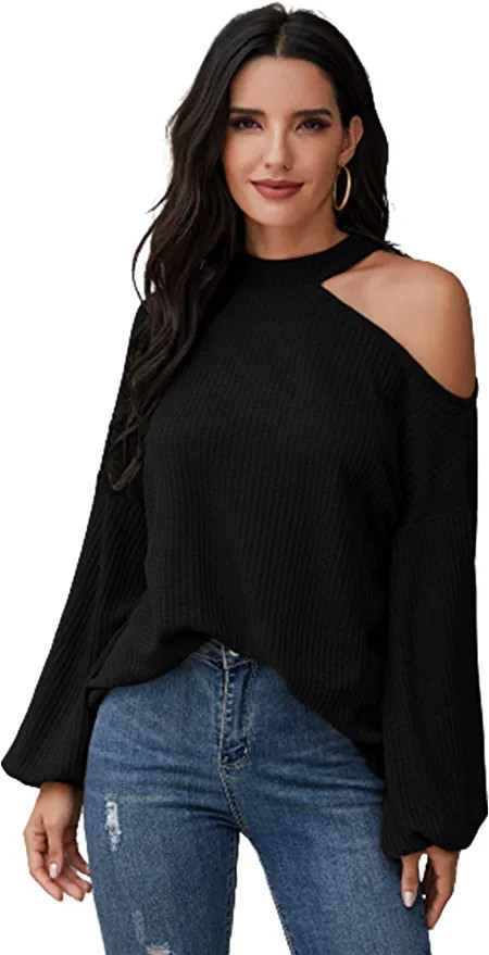 Romwe Women's Waffle Knit Tunic Tops Cold Shoulder Long Sleeve Loose Blouse Shirts | Amazon (US)