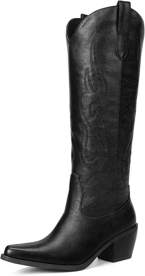 Western Cowboy Boots for Women - Knee High Wide Calf Cowgirl Boots, Slip On Pointed Toe Chunky He... | Amazon (US)
