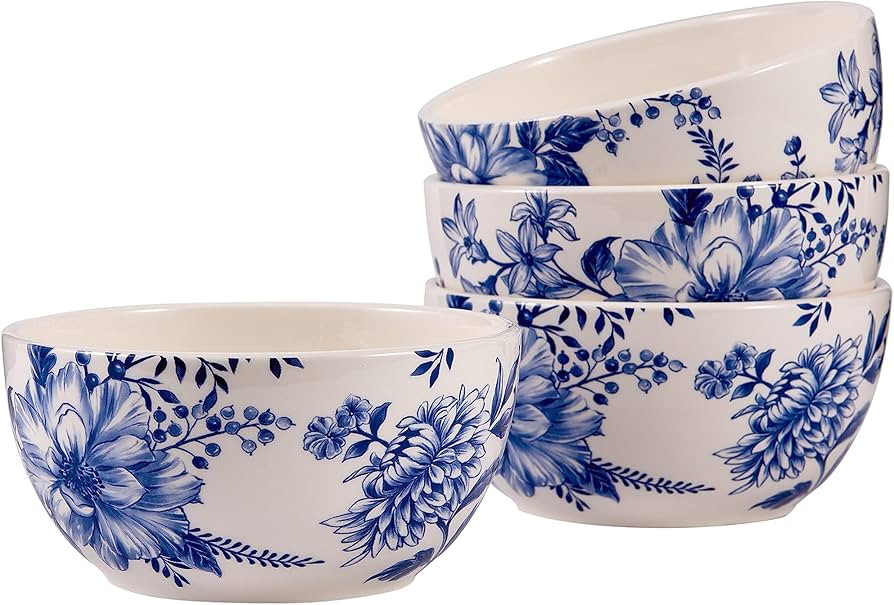 Bico Blue Floral Haven Ceramic Cereal Bowls Set of 4, 26oz, for Pasta, Salad, Cereal, Soup & Micr... | Amazon (US)
