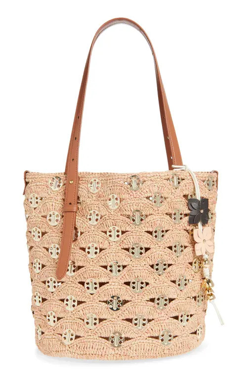 Rabanne Raffia Disc North South Bucket Bag in Peach/Gold at Nordstrom | Nordstrom