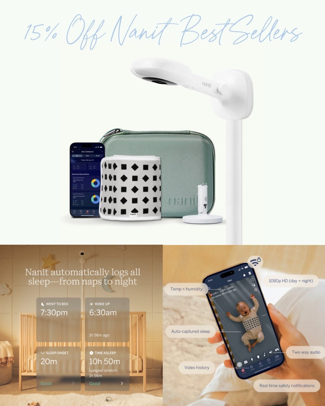 Have and LOVE the nanit! Been using it for over 2 years now and love it!! The best seller bundle is on sale right now for 15% OFF which is a great deal - they rarely ever go on sale 🎉 this includes the camera, the stand of your choice for the camera (floor stand or wall mount), the travel stand and travel case, as well as the breathing band which helps track and monitor baby’s breathing and sleep as night and alerts you if something is wrong - this has given me such peace of mind as a mama which I needed 🫶🏼 it tracks everything for you and even has a sound machine built in to it and a night light so it’s really like in all in 1 device - baby monitor, sound machine, night light and owlet type baby breathing device all in one 👏🏼👏🏼👏🏼 also works great with multiple cameras if you have more kids or want more down the road!!! 

#babymonitor #monitor #baby #newborn #babyregistry #registry #infant #nursery #nurseryitems #babyitems #babyproducts  #toddler #kids #kid #nuna #mom #mama #momlife #sale #majorsale #salealert #deal #dealoftheday #getnanit @get_nanit 

#LTKmomlife #LTKSaleAlert #LTKBaby