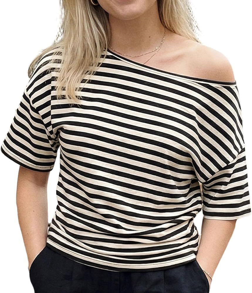 Women Off Shoulder Tops Striped Half Sleeve Sexy Loose T Shirt Summer Solid Casual Pullover Y2k T... | Amazon (US)