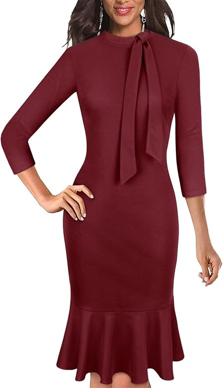 Moyabo Women's Tie Neck 3/4 Sleeve Ruffle Hem Cocktail Office Church Bodycon Sheath Pencil Dress | Amazon (US)