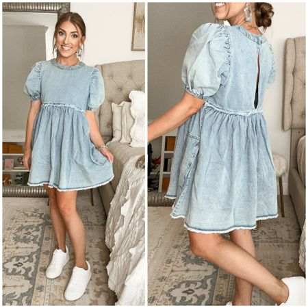 This adorable denim dress is on sale for $26! I love the back detail and overall style. Runs TTS. 

Forever21. Denim dress. Target style. Ltk sale alert. 