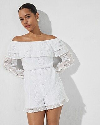 Eyelet Lace Off The Shoulder Ruffle Romper | Express