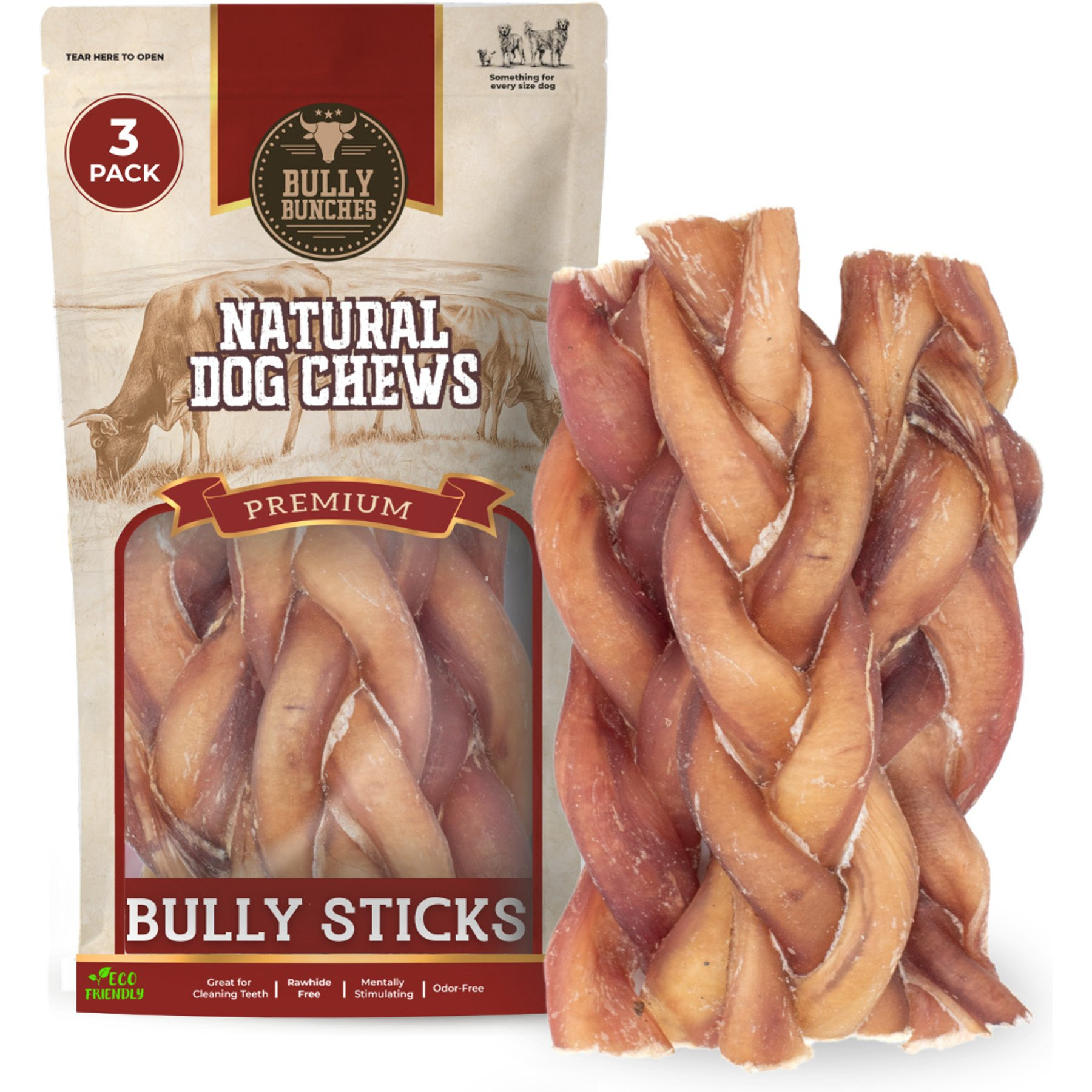 Bully Bunches 6-inch Jumbo Braided Bully Stick Dog Chew, 3 count | Chewy