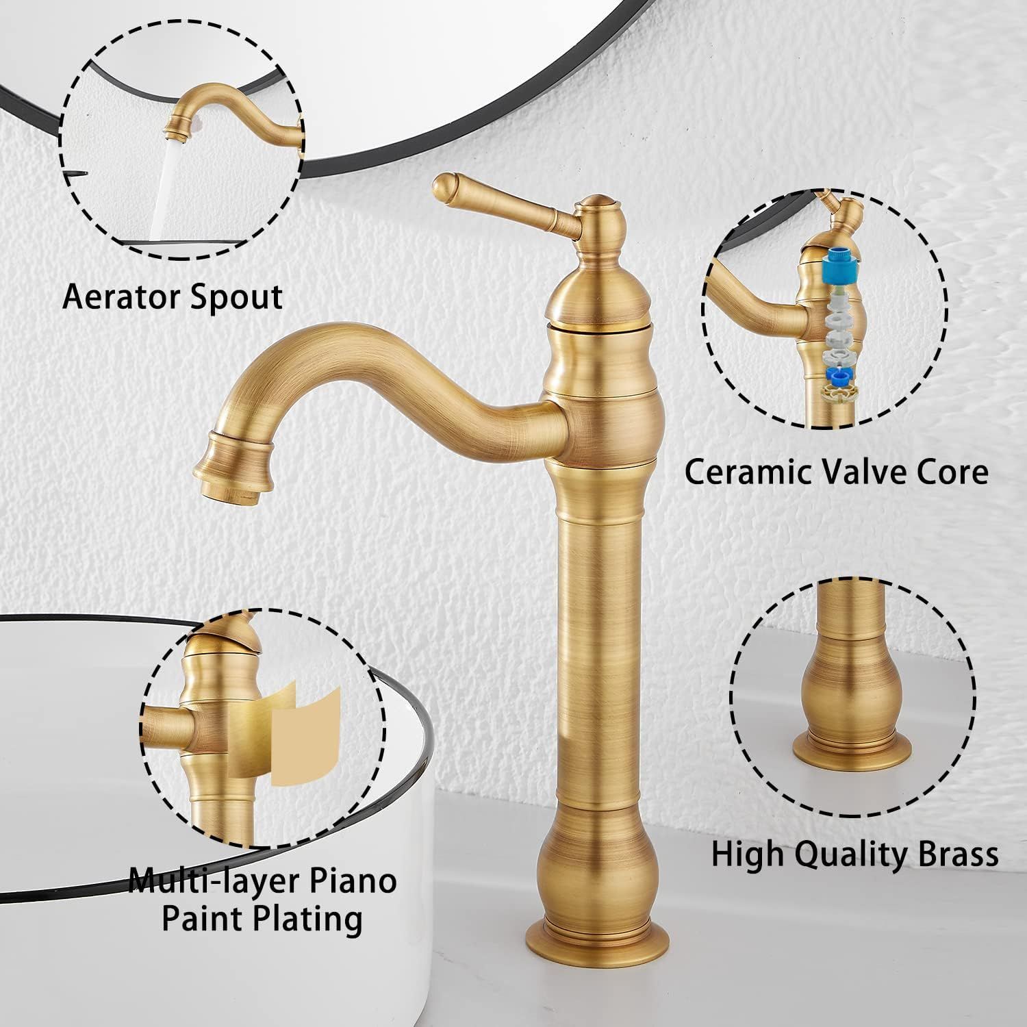 GGStudy 360° Swivel Antique brass Bathroom Vessel Sink Faucet Single Handle One Hole Matching Wi... | Amazon (US)