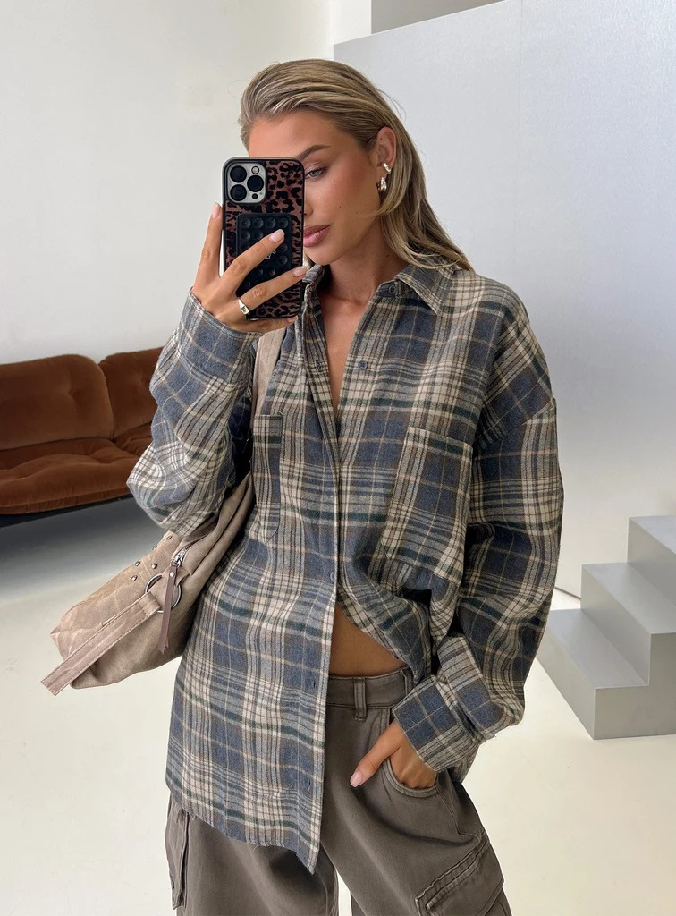 Clarity Oversized Long Sleeve Shirt Ash Plaid | Princess Polly AU