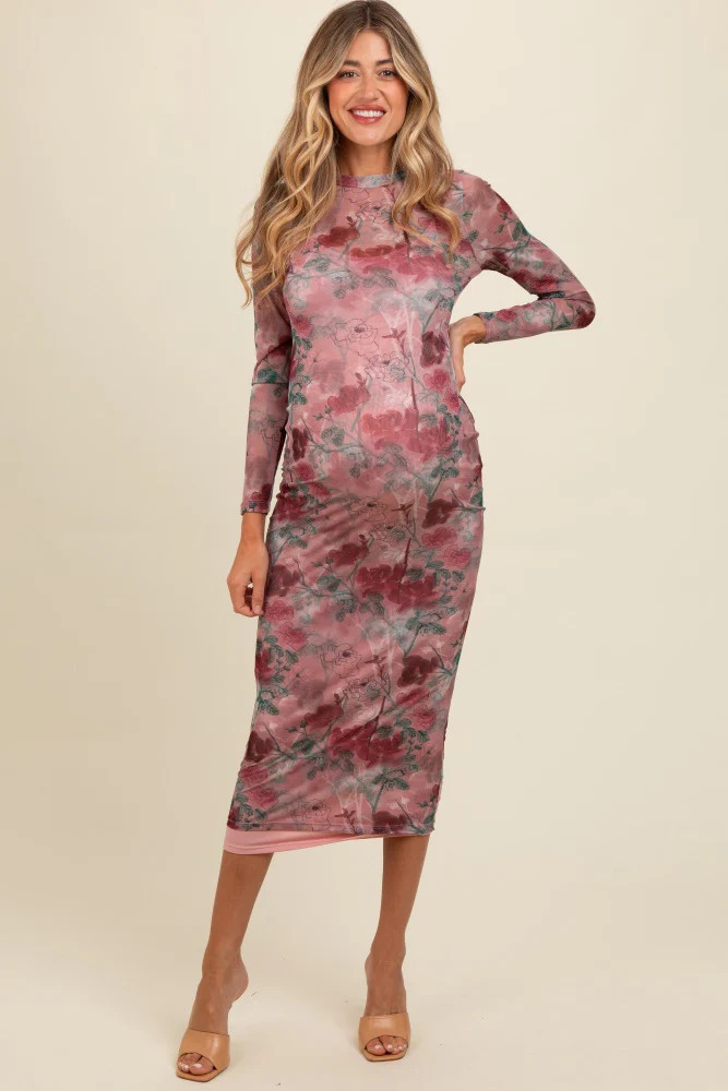 Mauve Floral Printed Mesh Overlay Maternity Maxi Dress | PinkBlush Maternity