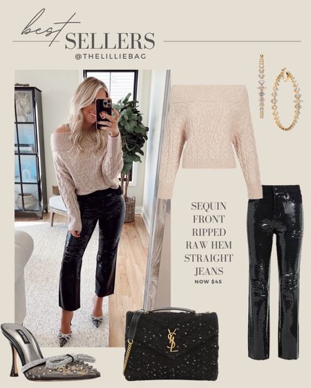 Bestseller: sequin front ripped hem straight ankle jeans. Pants on sale for only $45. Size up in sequin jeans. 50% off sweater. So cute and in size small. Holiday style  

#LTKSeasonal #LTKstyletip #LTKsalealert